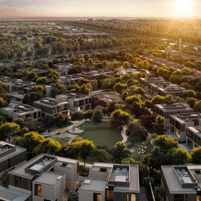Green parks and shaded walkways at Masdar City